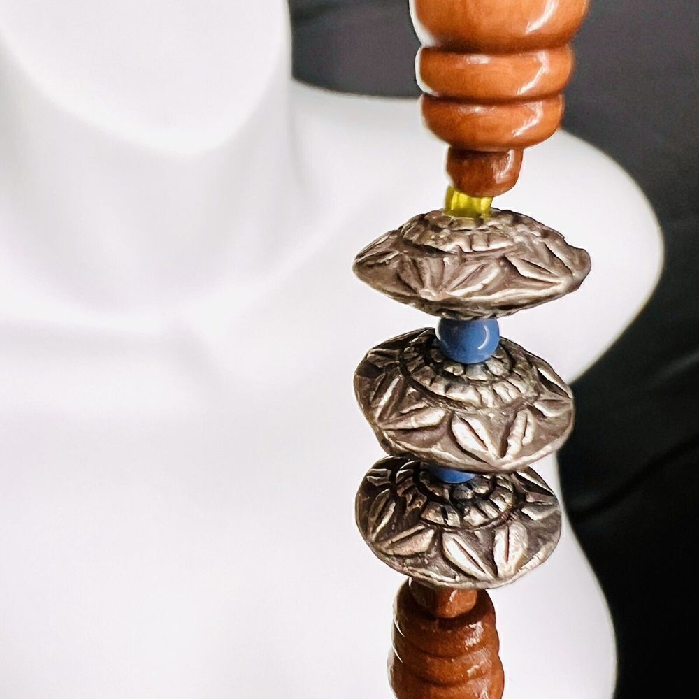 Vintage Lucite Wood Silver Beads Tibetan Necklace Mixed Media Chunky Beads 4009 - Picture 8 of 13